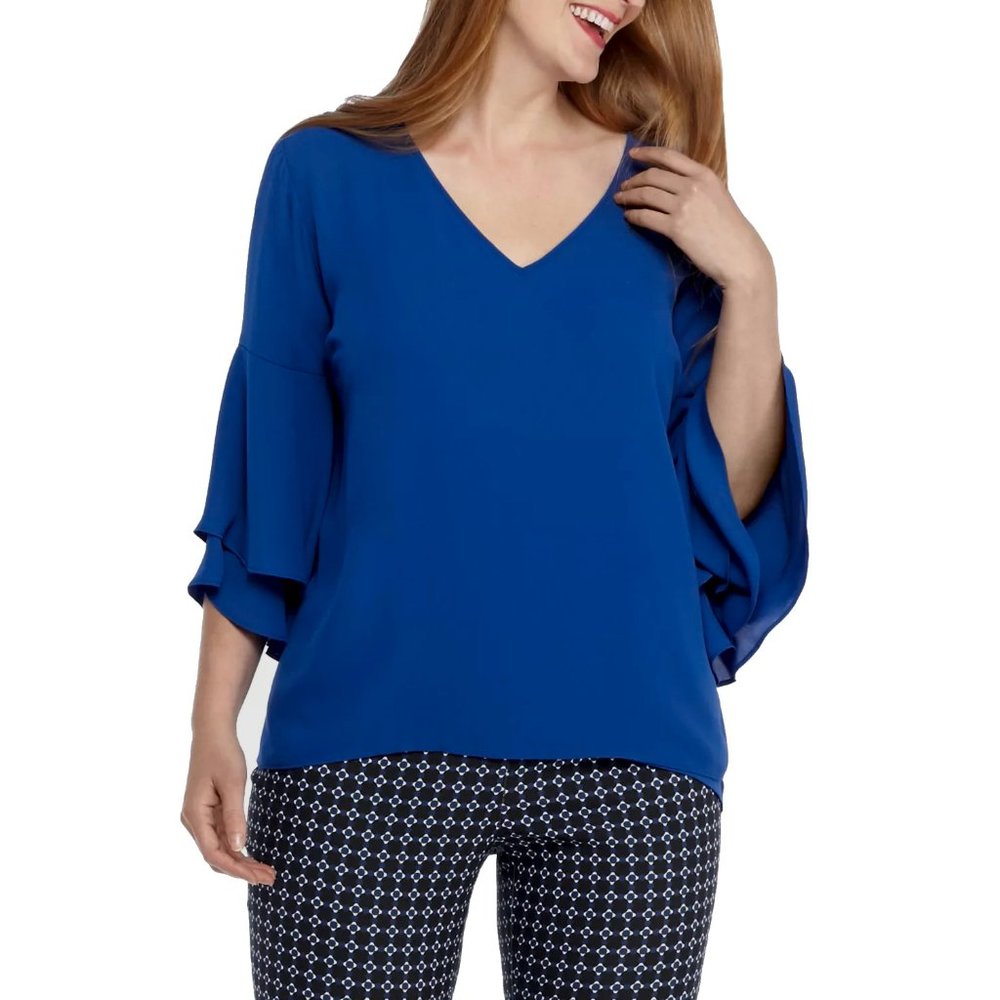 NWT Womens Plus Size 2X The Limited Blue Ruffle Sleeve V-Neck Blouse Top